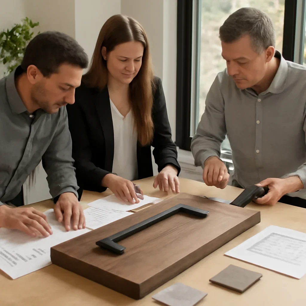Design planning session for a Burnaby custom metal feature door project