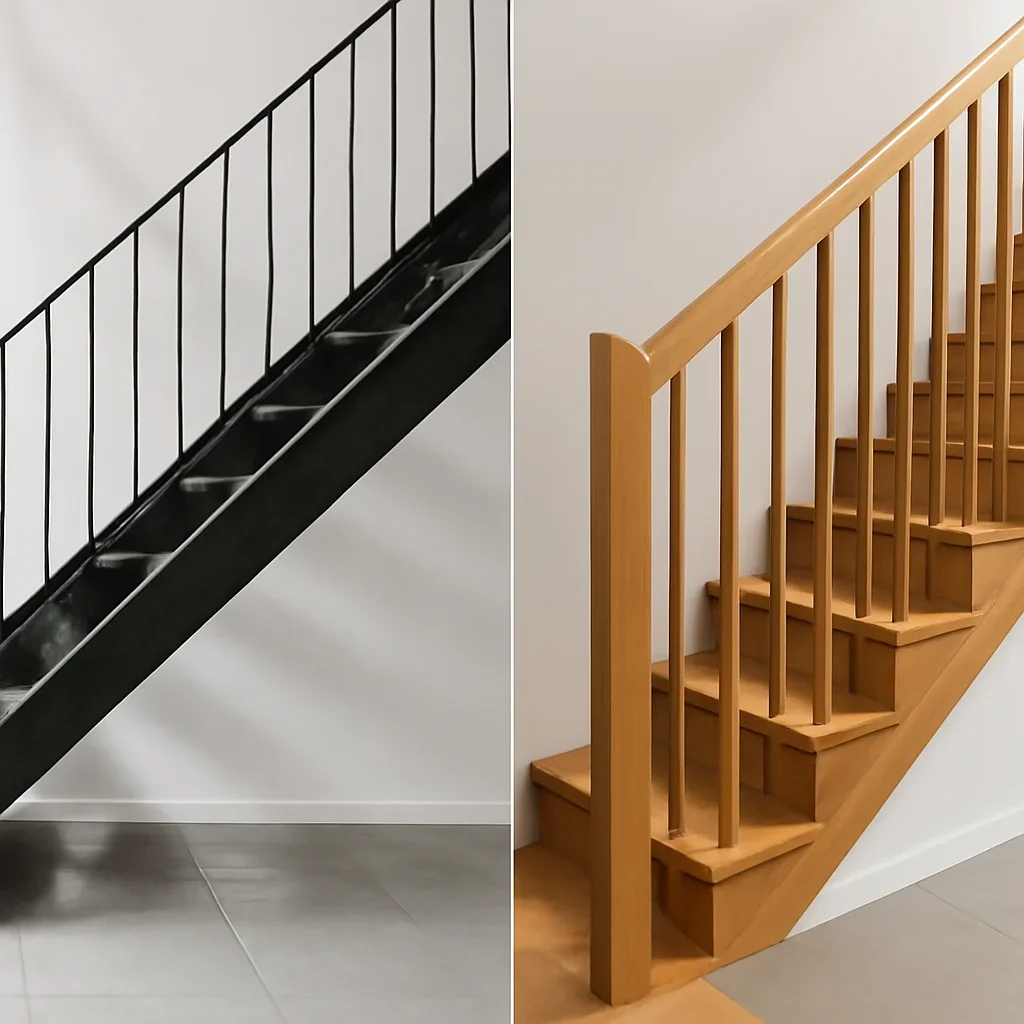 Detail view comparing metal stair and wood stair design considerations