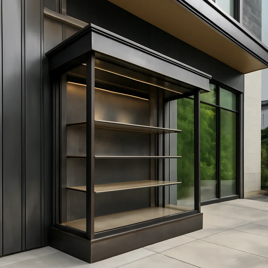 Installed custom metalwork showcase for a Richmond BC metal fabrication project